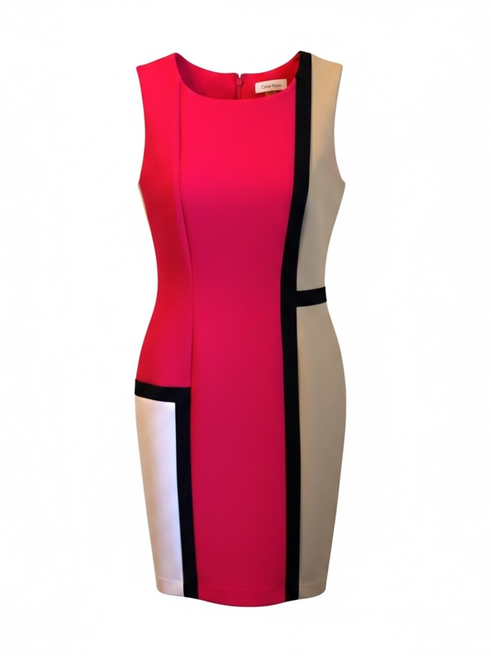 Calvin Klein Sleeveless Color Block Sheath Dress Geometric Hot Pink Beige Size 2